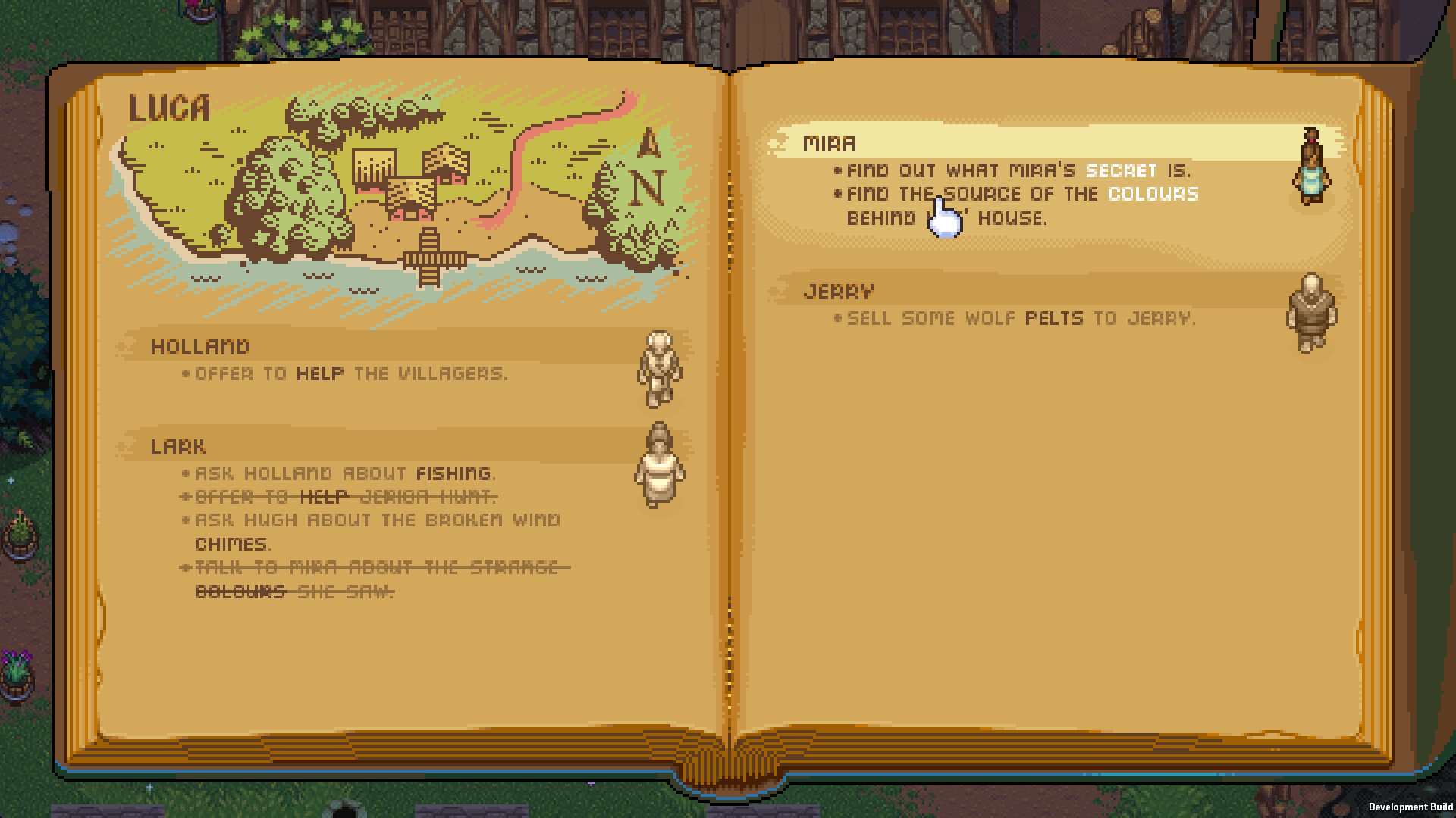 World of Anterra pixel-art screenshot: an open quest journal for Luca listing objectives for Holland, Lark, Mira and Jerry.