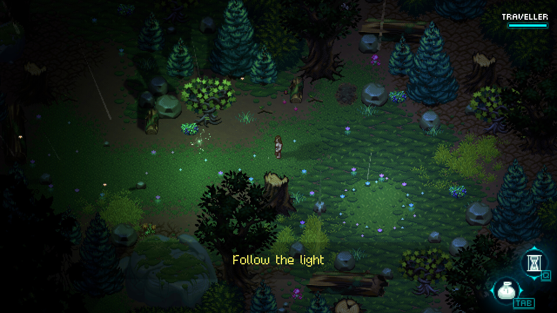 World of Anterra pixel-art screenshot: a traveller in a dark forest clearing with fireflies and the prompt Follow the light.