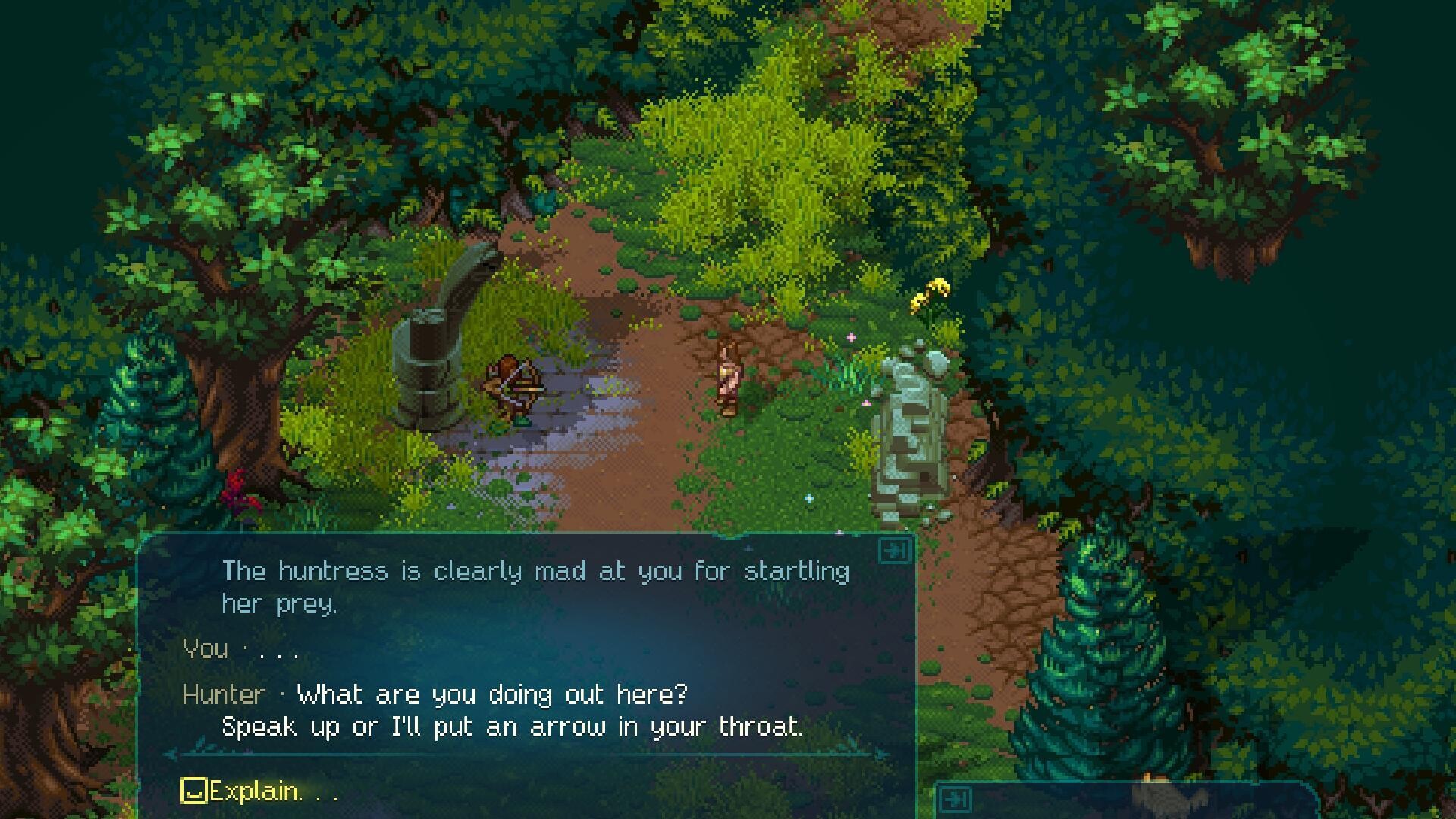 World of Anterra pixel-art screenshot: a forest dialogue with a huntress aiming a bow and the option Explain.