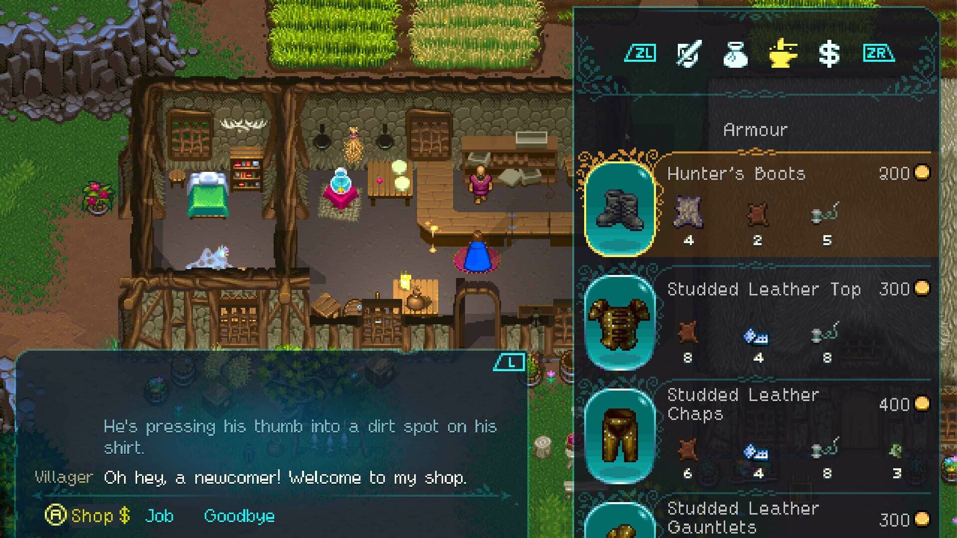World of Anterra pixel-art screenshot: a village shop armour menu listing Hunter's Boots and studded leather pieces.