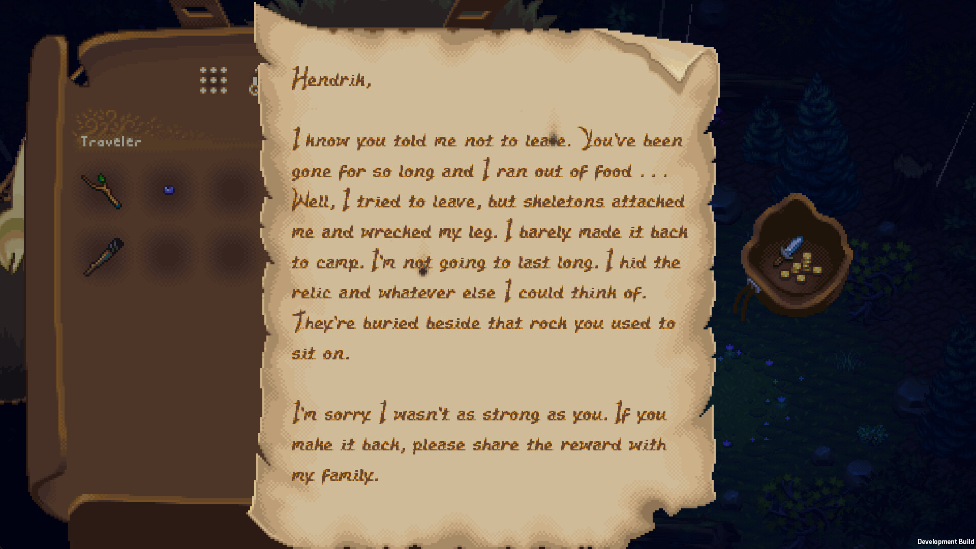 World of Anterra pixel-art screenshot: a handwritten note to Hendrik about a buried relic, with a Traveler inventory open.